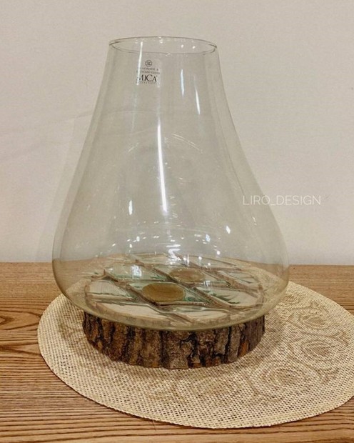 Ваза скляна на дерев'яній основі (ручна робота, h 32*11.5*27 см) Vloria