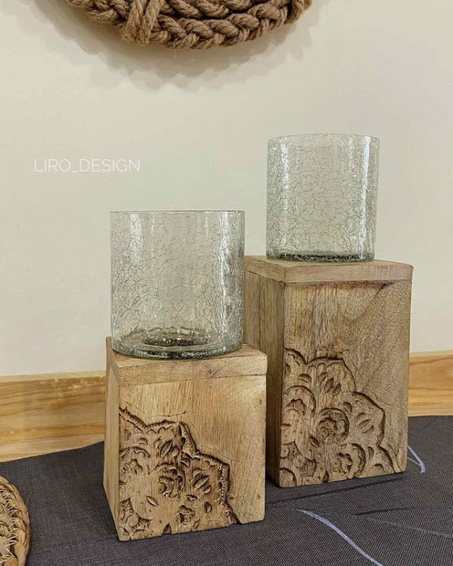Свічник скляний на дерев'яній основі (10*24*10 см) byMe