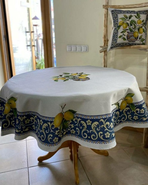 Скатертина гобеленова на круглий стіл з лимонами (D-160 см) byMe